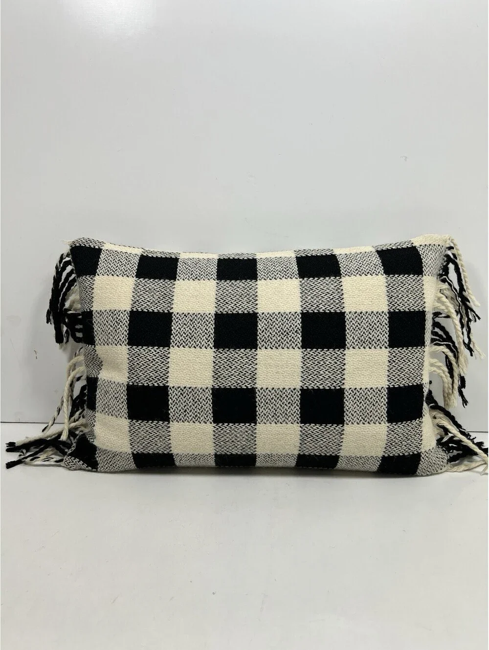 Ralph Lauren Cold Spring Alpaca Black Cream Fringed Decorative Pillow 12x18 Wool